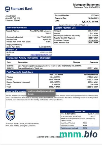Malawi Standard Bank Malawi wyciąg z kredytu hipotecznego szablon Word i PDF